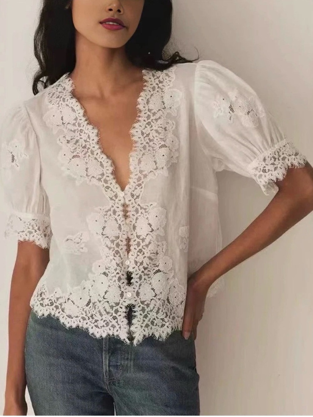 DÔEN Idella Top Salt White Lace Ramie Puff Sleeve Romantic Blouse L Cottagecore